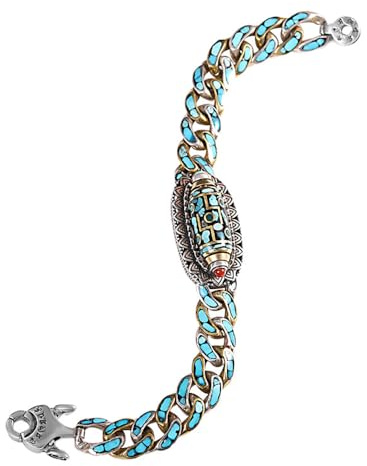 MFUPR Feng Shui-Armband aus reinem S925-Silber, Türkis mit neunäugiger Dzi-Perle, neochinesisches Mantra-Reichtum-Amulett, stressabbauendes rotierendes Accessoire