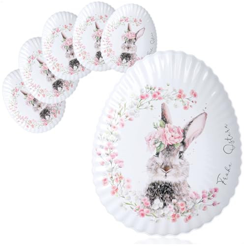 com-four® 6x Metall-Osterteller mit süßem Hasenmotiv - Deko-Teller für Ostern & Frühling - Hasenteller für Süßigkeiten & Ostereier (Eiform Hase - 6x)