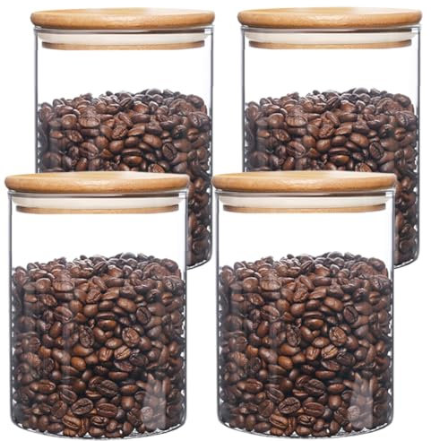 Pykrudo Lot de 4 bocaux de rangement en verre avec couvercle hermétique en bambou, 1000 ml, boîtes de cuisine rondes en verre transparent pour le stockage des grains de café, des produits secs, des