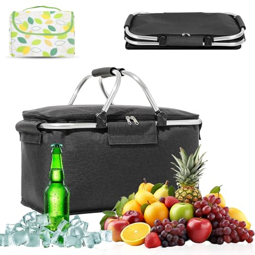 PHMING Einkaufskorb Faltbar 18L, Korb mit Henkel Oxford-Gewebe, Thermo Einkaufskorb mit Einer 2×2m Großen Picknickdecke Geliefert, für Picknicks, Shopping, Reisen