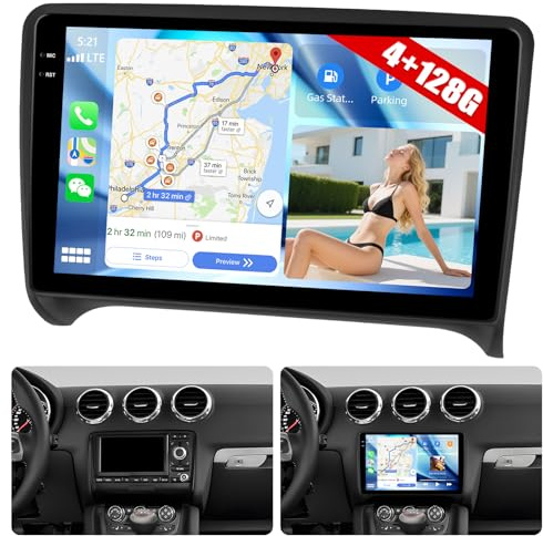 CAMECHO 4G+128G Android 15 Autoradio für Audi TT MK2 8J mit Navi Carplay Android Auto Wireless, Doppel Din Radio mit 9 Zoll Bildschirm,Mirror Link RDS/FM Bluetooth 5.0 DSP+AHD Rückfahrkamera
