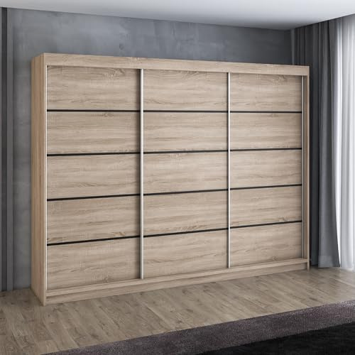 A&J MöbelLand MES Schwebetürenschrank 200 cm, Kleiderschrank 3-türig mit 4 Schubladen (Sonoma/Sonoma/Sonoma/Sonoma)