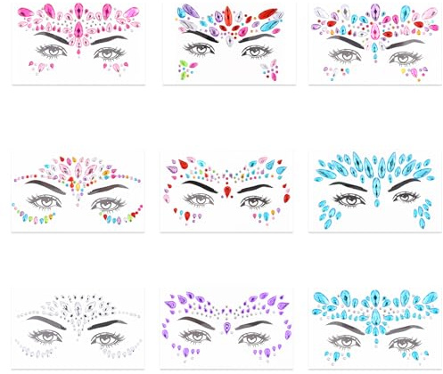 Brillantes Para La Cara, 9PCS Pegatinas Cara Brillantes Festival | Face Gems Brillantes, Gemas Faciales Pegatinas Cara Para Festival, Ojos, Efecto Glitter, Fiestas, Espectáculos Y Maquillaje