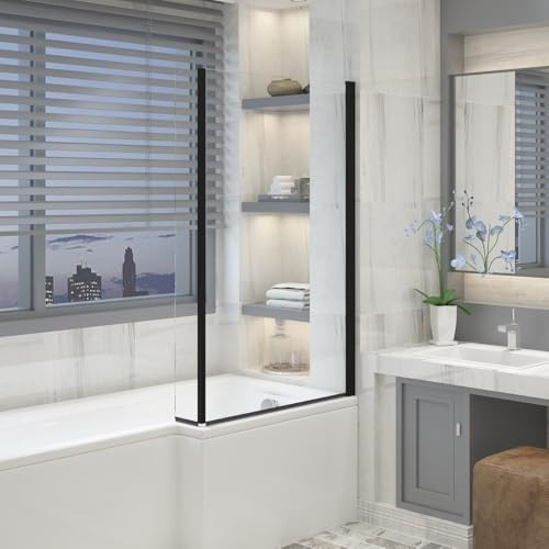 Aquariss Black 1400x810mm L Shape Bath Screen with Fixed Return Panel | 180 Pivot, Aluminum Frame, 6mm Toughened Safety Glass, Easy Clean Coating, Reversible, Wall Adjustment, Bottom Seal Strips