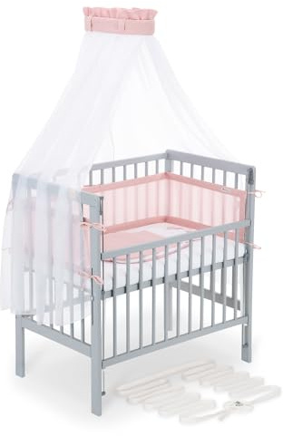FabiMax Boxspring Baby Beistellbett Flex 90x55, aus Buchenholz grau lackiert, mit innovativem verstellbarem Seitengitter, passend für Boxspringbetten (Matratze Classic, Komplettset Rosa)