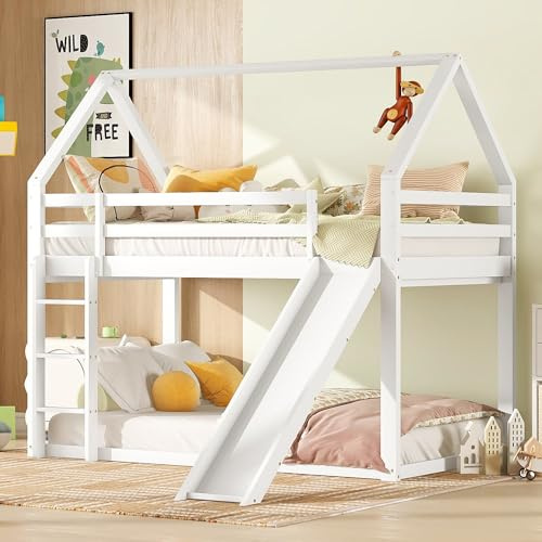 Hausbett 90x200cm Weiß bietet als Etagenbett EIN Hochbett sowie Bettgestell und Jugendbett aus Kiefer massiv inklusive Rutsche sowie Leiter und 120kg Traglast für Apartment