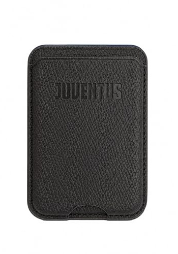 TECHMADE Juventus Portacarte Compatibile MagSafe per iPhone, Anello Adattatore Incluso - Spazio per 3 Carte o Contanti, Sistema di Estrazione Rapida - Blocco RFID, in Eco-Pelle Vegana (NERO)