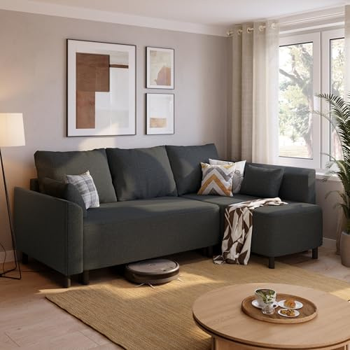 BROMARKT Ecksofa mit Schlaffunktion 200 cm Breit Graphit Couch Sofa Wohnzimmer 3 Sitzer L Form Schlafsofa mit Bettkasten Eckcouch mit Stauraum Schlafcouch Wohnlandschaft Bondi