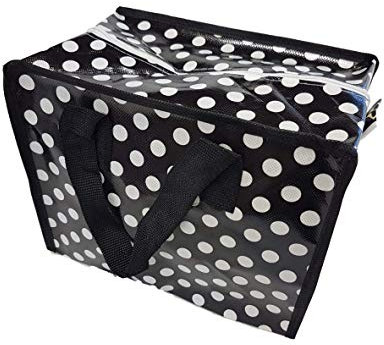 10+ Designs of fashion colourful Cartoon, spotted, zebra, leopard, flowers print recycled eco friendly, waterproof, ladies kids lunch, shopping, travel, handbag by Fat-catz-copy-catz (black spotted lunch bag)