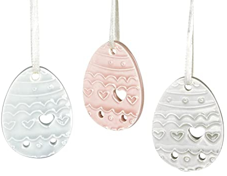 TEMPELWELT® Deko Anhänger Ei Osterei im 3er Set je 5 cm, Keramik Pastell blau rosa grau, Zweigschmuck Osterdeko zum Anhängen mit Herz Motiv für Frühling Ostern