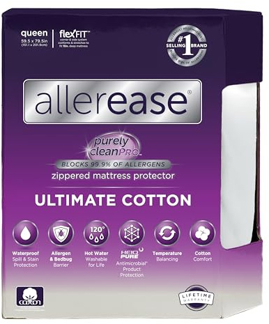 AllerEase Ultimate Allergy Protection and Comfort Zippered Mattress Protector Queen, White