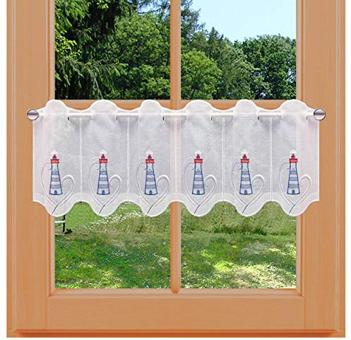 kollektion MT Maritime Scheibengardine Leuchturm mit Urlaubsmotiv Echte Vogtländischer Spitze Badgardine 30 x 112 cm