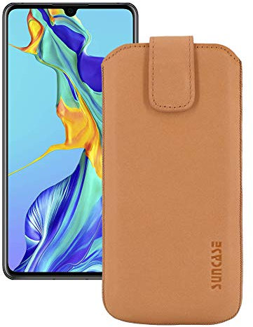 Suncase Etui Tasche kompatibel mit Huawei P30 mit ZUSÄTZLICHER Hülle/Schale/Bumper/Silikon *Lasche mit Rückzugfunktion* Handytasche Ledertasche Schutzhülle Case in antik-Camel