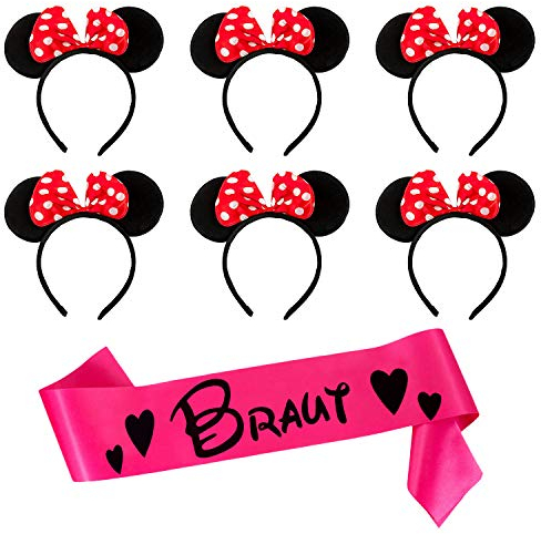 Oblique Unique® JGA Hochzeit Hen Party Accessoire Set - Braut Schärpe + 6 Haarreifen mit Maus Ohren und Schleife für Junggesellinnenabschied Schwarz Rot Weiß Pink