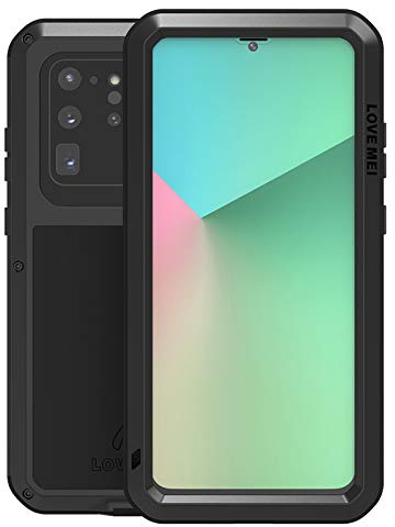 LOVE MEI für Samsung Galaxy S20 Ultra Metall Hülle,Heavy Duty Rüstung Tank Bumper Robust Aluminium Metall Stoßfest/Staubdicht/Anti-Drop Ganzkörper Schutz Fall Cover mit gehärtetem Glas (Schwarz)