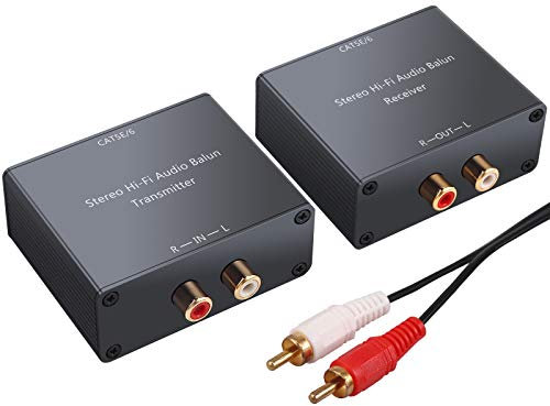 PROZOR Analog Audio Extender - Stereo RCA to Stereo RCA Audio Extender Over Cat5e/Cat 6 Up to 3250ft/1000m Hi-Fi Audio Balun with a 2RCA Male to 3.5mm Female Cables Ideal for Speaker DVD Players etc
