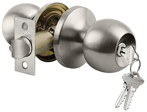 BESTTEN - Juego de pomos para puerta con cerradura y llave diferente, bola estándar, níquel satinado