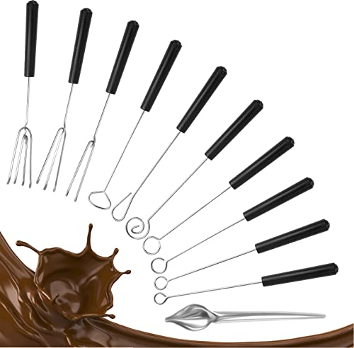 10Pcs Schokolade Gabel Edelstahl Pralinenbesteck Tauchgabel Schokolade Gabel Set Schokoladengabel mit 1* Bleistiftlöffel für Handgemachte Pralinen und Trüffe