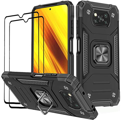 KANSi Funda Compatible con Xiaomi Poco X3 NFC/Poco X3 Pro, Cristal Vidrio Templado [2 Piezas] Capa Anillo iman Soporte Hard PC y Silicona Antigolpes Armor Carcasa - Negro