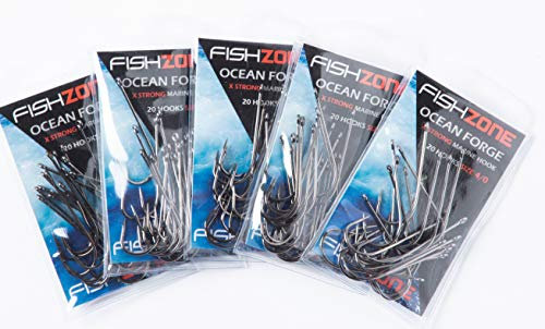 FISHZONE UK - 50 or 100 OCEAN FORGE Sea Fishing Hooks (5 packs of 10 or 20) - XX Strong Forged High Carbon Steel Aberdeen- Available Sizes 6/0 5/0 4/0 3/0 2/0 1/0 and 1 - (Size 3/0-100 hooks)