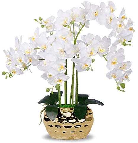 Künstliche Orchideen im Topf Künstliche Orchidee weiß künstliche Blumen mit goldenem Keramiktopf große künstliche Pflanzen für den Innenbereich Tischarrangements Heimdekoration Badezimmer