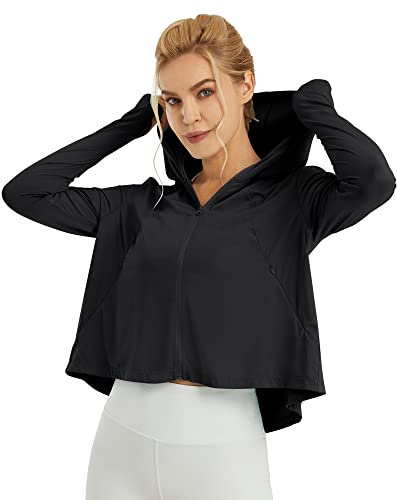 G4Free Womens Activewear Long Sleeve Tops Sports Zip Jackets UPF 50+ Workout T-Shirt Yoga Tops with Thumb Holes Quick Dry Running Tee Shirts Black