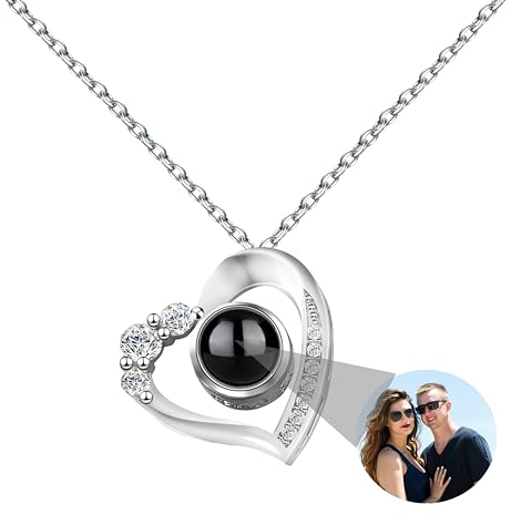 Jacklin F Personalisierte Foto Halskette Ich liebe dich 100 Sprachen Personalisierte Herz Halskette mit Foto Projektionskette Sterling Silber Rose Gold Benutzerdefinierte Liebesanhänger für Frauen