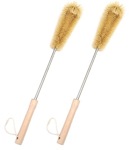 UPTALY 2 pcs Bristle with Nylon Bottle Brushes (19 inch), Beech Wood Handle, Extended Kitchen Cleaning Brush Set, Bendable Head, for Tall Bottle, Gallon Water Jug, Big Vessels, Flower Pot