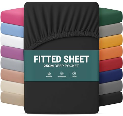 Yorkshire Bedding Fitted Sheets Super King Size 25 CM Black Bed sheets with Elastic Corners Easy Care Soft Brushed Microfiber Fabric Breathable Shrinkage Fade-Resistant Bedsheets