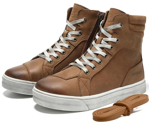 BORLENI Scarpe da moto in pelle da uomo, stivali da moto retrò, scarpe da ginnastica da moto traspiranti casual, cerniera del cambio, suola antiscivolo (marrone, 42)