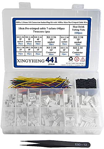 BGTXINGI 200Pcs 2.54mm XH Anschluss Sockel Stecker Kit mit 140Pcs 10cm Pre-Crimped Kabeldraht 2/3/4/5/6/7 Pin Haus Männlich und Weiblich Kompatibel mit JST XH Stecker