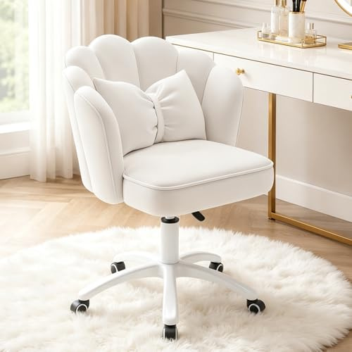 HDHNBA Vanity Chair Velvet Petal Desk Chair Upholstered Modern Tufted Home Office Chair with Back,Height Adjustable Computer Task Chair for Bedroom Living Room(White)