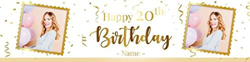 Benutzerdefinierte Geburtstagsbanner mit Bild Name Alter Personalisierte Happy Birthday Banner mit Fotos Party Hintergrund Wanddekorationen 3ft x 1ft (Gold)