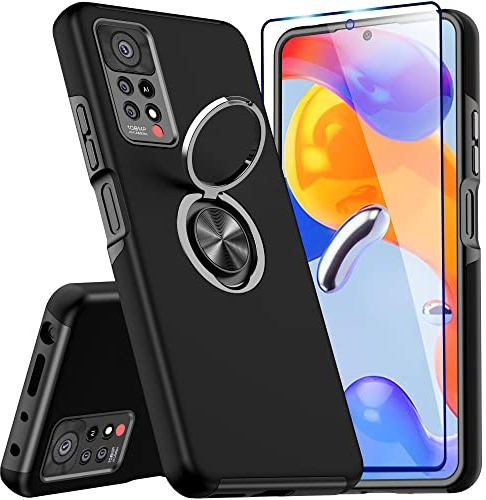 KRAFTCARE Hülle für Xiaomi Redmi Note 11 Pro(4G/5G) mit 1 Pack Panzerglas Schutzfolie, Handyhülle mit Eingebetteter 360° Grad Ring, Magnetische Schutzhülle Stoßfest Case für Redmi Note 11 Pro,Schwarz