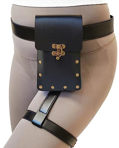 Larswon Beintasche, Renaissance Tasche Beingeschirr Tasche Kunstleder Gürteltasche für Frauen Hüfttasche Bauchtasche Oberschenkelgeschirr Frauen, Schwarz, Medium, Renaissance Tasche