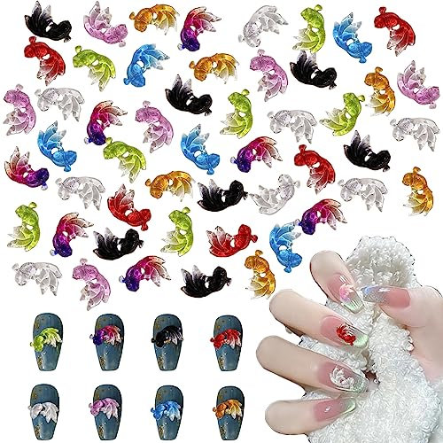 Fish Nail Charms,50PCS Mixed Colors 3D Cute Goldfish Nail Art Charms,Resin Nail Jewellry Ornaments for Women Girls Nail Art Design Decorations Crafts DIY