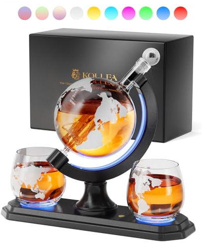 Gift for Men Dad, Kollea 30.4 Oz Whiskey Decanter Set with 2 Glasses, 7 Color RGB Light Globe Decanter, Unique Birthday Him Brother Boyfriend, Personalized Liquor Tequila Bourbon (WG0031)