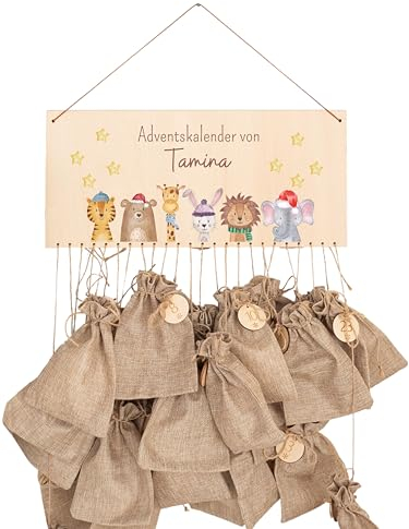 wunderwunsch® - Personalisierter Adventskalender zum selber befüllen - mit kinderfreundlichem Druck auf Holz - mit Juteschnur Jutesäckchen und Holzzahlen