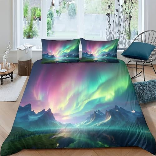 CRJUS Dunstige Polarlichter Bettwäsche 3D Bettbezug Set Bettwäsche Set Szenerie 2 Teilig Bettbezüge Mikrofaser Bettbezug Mit Reißverschluss Und Kissenbezug King（220x240cm）