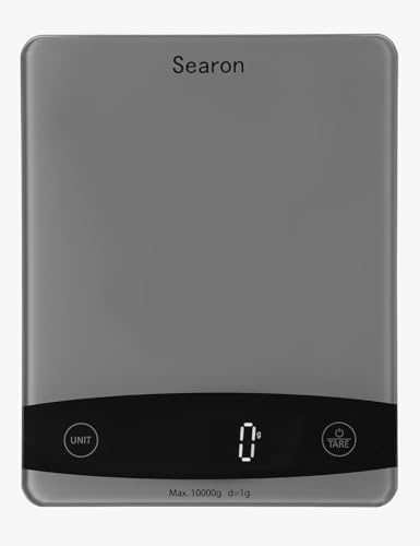 Searon Digital Food Kitchen Scale, Tempered Glass Panel, 10Kg Capacity, Food Weighing Scales with LED Display and 1g Increments for Baking, Cooking, Keto and Meal Prep - 200x160x18MM (Grey)