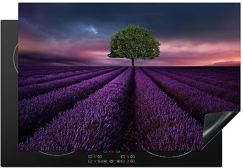 MuchoWow Herdabdeckplatte Ceranfeld Spritzschutz Küche Lavendel - Baum - Lila 76x51.5 cm Induktionsherd Abdeckung Induktionskochfeld Ceranfeldabdeckung