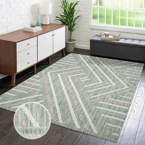 carpet city Teppich Kurzflor Wohnzimmer - Grün - 140x200 cm - Teppiche Fransen Boho-Style - Geo-Muster - Schlafzimmer, Esszimmer