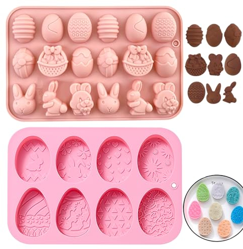 2 Piezas Juego de Molde de Chocolate de Pascua, Molde de 18 Cavidades Huevo, Conejito, Cabeza de Conejo y Cesta, Molde de Silicona de 8 Cavidades en Forma de Huevo para Chocolate, Caramelo, Gelatina
