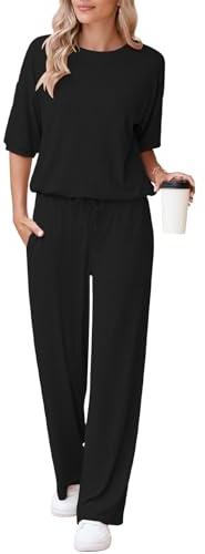 AOHITE 2-teiliges Damen-Outfits, Lounge-Set, kurzärmelig, Pullover, Tops, elastisch, weites Bein, Jogginganzug, Trainingsanzug, Schwarz, XL