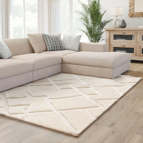 Interiyou Teppich Wohnzimmer Verona - 200x300 cm Creme - Für Schlafzimmer, Esszimmer, Kinderzimmer - Hochflor mit 3D-Effekt - geometrische Muster - Pflegeleicht