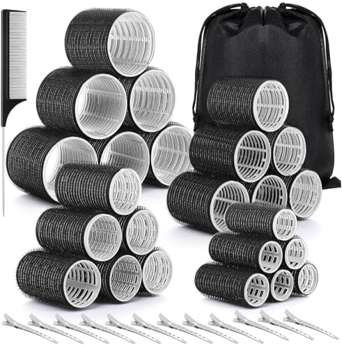 GROFIS Juego de 38 Rulos Pelo Autoadhesivas, 4 Tamaños (60mm/48mm/36mm/25mm) Hair Rollers con 12 Clips de Acero Inoxidable, 1 Peine, 1 Bolsa de Almacenaje, Rulos para Cabello Largo Medio Corto