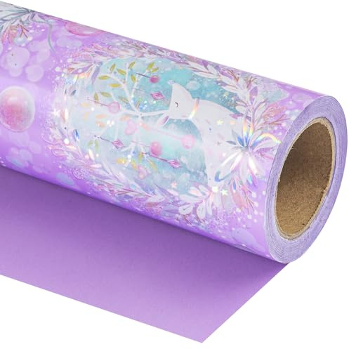 WRAPAHOLIC Wendbares lila Weihnachtsgeschenkpapier – Mini-Rolle – 43 cm x 100 cm – lila Rentier und Weihnachtsgirlande mit metallischem Folienglanz für Urlaub, Party Feier