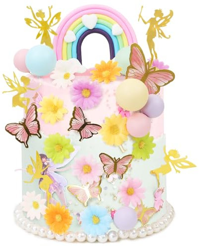 LACGO 37PCS Fairy Cake Decoration, Ball Cake Toppers Fairy Garden Rainbow Daisy Butterfly Cake Decoration for Girls Birthday Party Baby Shower Cake Decor Party Supplies Fairy Party Favors