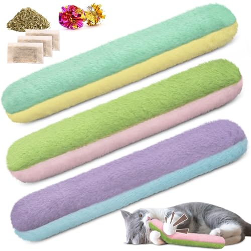 Retro Shaw Lot de 3 oreillers rechargeables à l'herbe à chat avec son froissé à l'intérieur, bâtons interactifs d'intérieur pour chaton, 25,7 cm