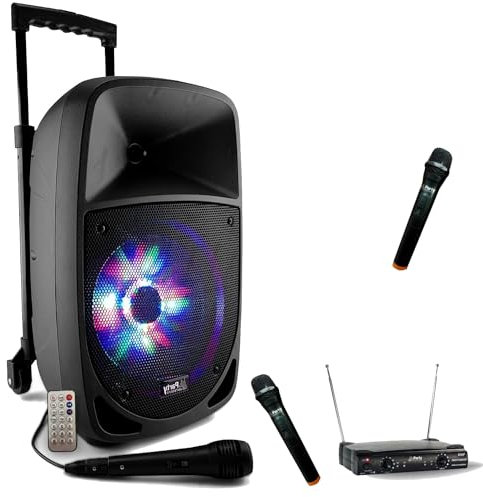 Party Light & Sound - Pack Karaoké PARTY-8LED Enceinte Bluetooth Nomade 300W USB SD FM MP3-2 Micros sans Fils UHF Soirée Fête Musique Cadeau Discours